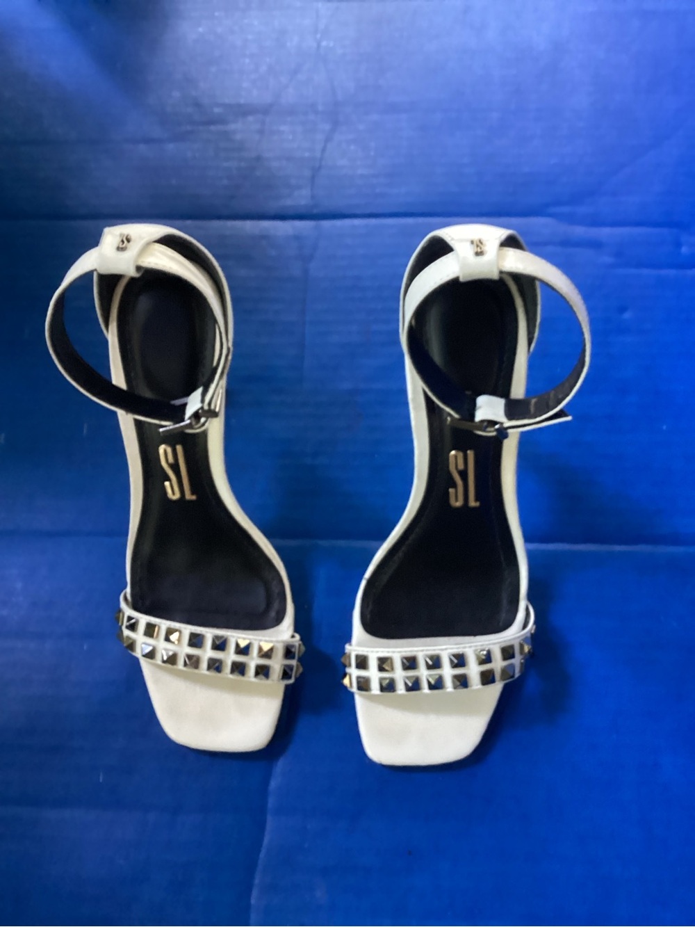 Santa Lolla formal White Stud-Embellished Ankle-Strap Heels, size 7
